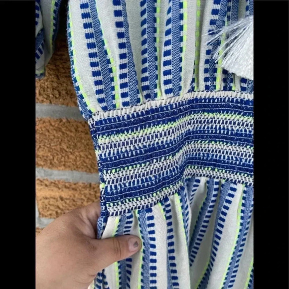 Tessora Blue Luisa Embroidered Stripe Neon Pom Pom. Dress medium - Picture 8 of 13